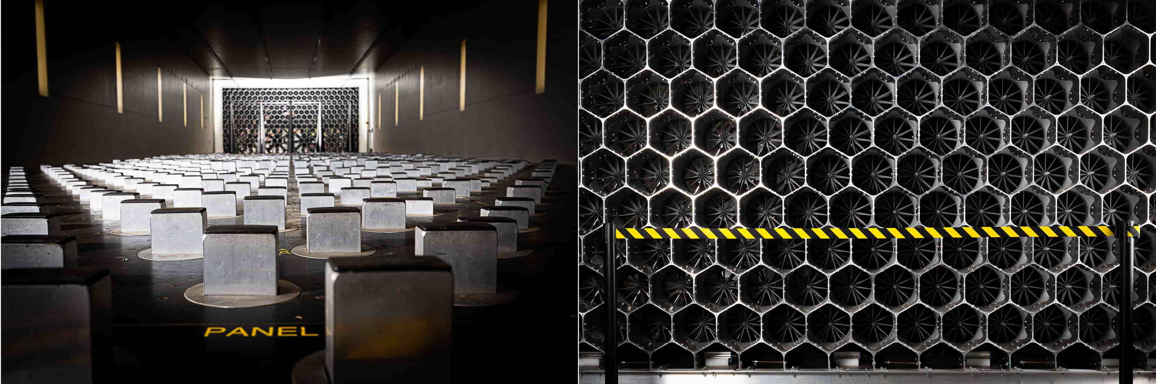 <p>The front of the Powell Laboratory's new multi-fan flow field modulator (right). The rapidly reconfigurable 'terraformer' to replicate terrain and control wind behavior at the test section (left). </p>